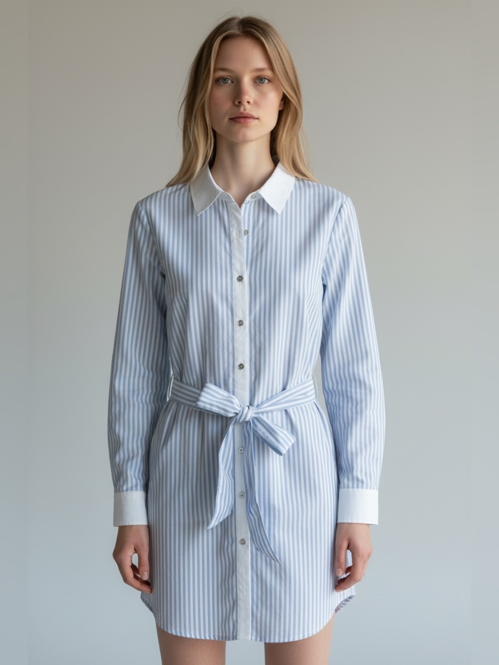 Michael Kors Light Blue and White Striped Shirt Dress with Tie Waist